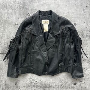 Vintage Leather Fringe Jacket Womens Large Black Western Biker Cropped Tassel